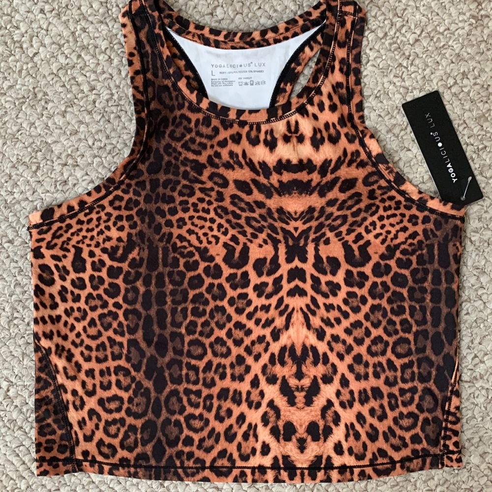 NWT $38 YOGALICIOUS LUX JAGUAR BROWN RACERBACK ACTIVE TOP LARGE